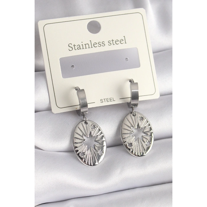 316L Çelik Gümüş Renk Kutup Yıldızı İşleme Kadın Küpe - TJ-BKP9697