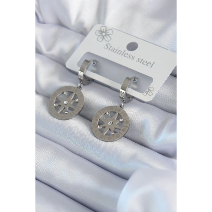 316L Çelik Gümüş Renk Kutup Yıldızı Model Zirkon Taş İşleme Detay Kadın Küpe - TJ-BKP8064