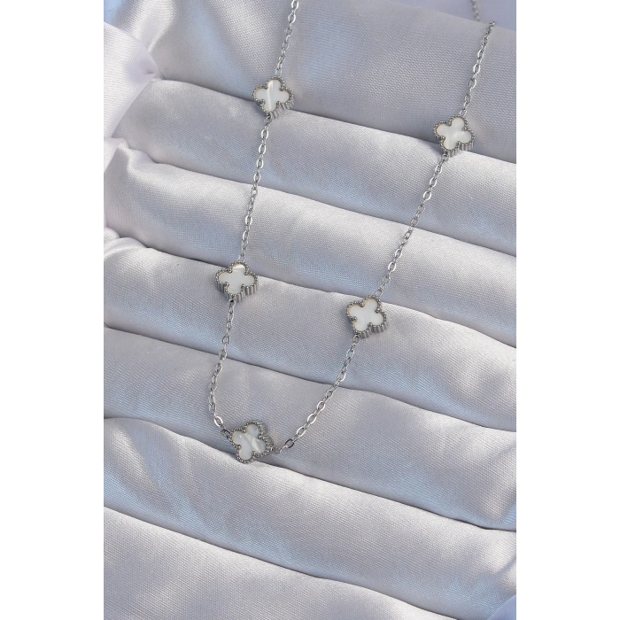 316L Çelik Gümüş Renk Minimal Beyaz Sedefli Yonca Kolye - TJ-BKO9001