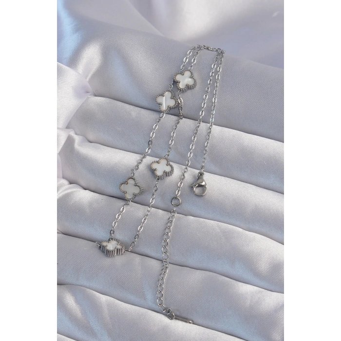 316L Çelik Gümüş Renk Minimal Beyaz Sedefli Yonca Kolye - TJ-BKO9001