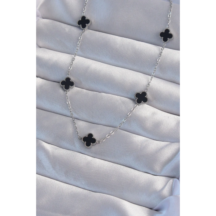 316L Çelik Gümüş Renk Minimal Siyah Mineli Yonca Kolye - TJ-BKO9003