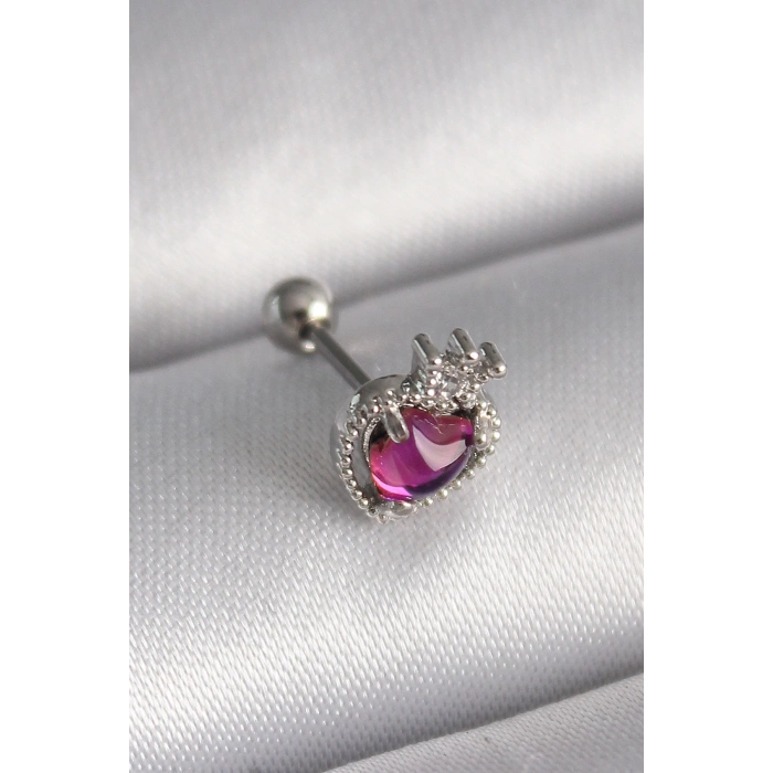 316L Çelik Gümüş Renk Pembe Mineli Kalp Zirkon Taş Detaylı Taç Tragus Piercing - TJ-PR1263