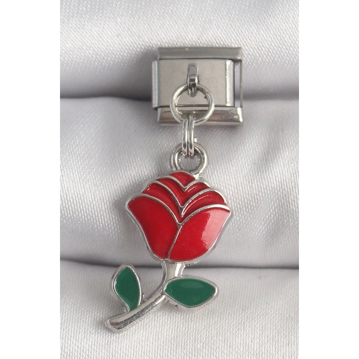 316L Çelik Gümüş Renk Sallantı Kırmızı Gül Model Nomination Charm - TJ-BC1379