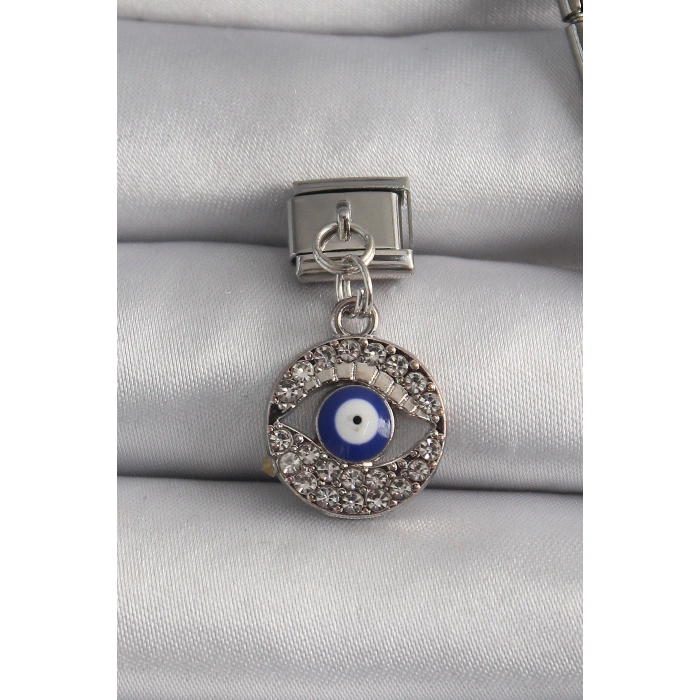 316L Çelik Gümüş Renk Sallantı Zirkon Taşlı Göz Model Nazar Boncuk Detay Nomination Charm - TJ-BC1121