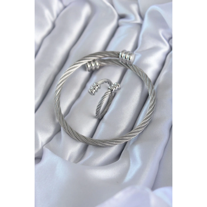 316L Çelik Gümüş Renk Sarmal Model Erkek Bileklik Yüzük Kombini - TJ-EB3596