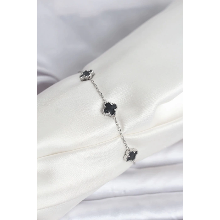 316L Çelik Gümüş Renk Siyah Baby Boy Yonca Bileklik - TJ-BB8084