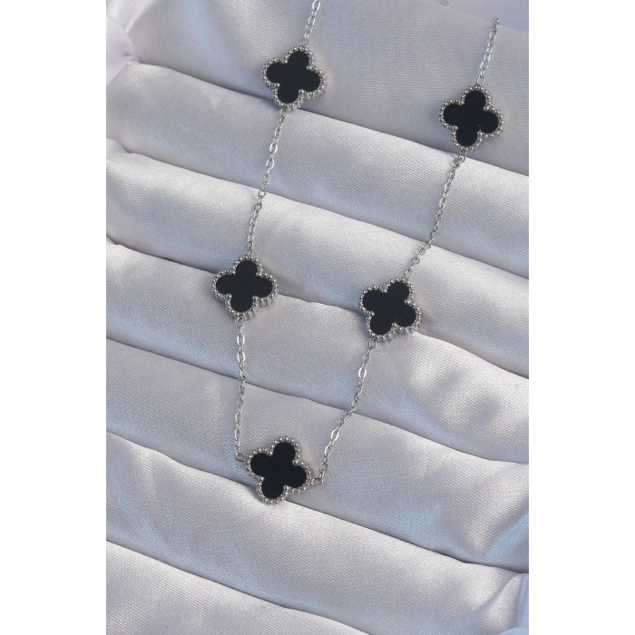 316L Çelik Gümüş Renk Siyah Mineli Yonca Kolye - TJ-BKO8997