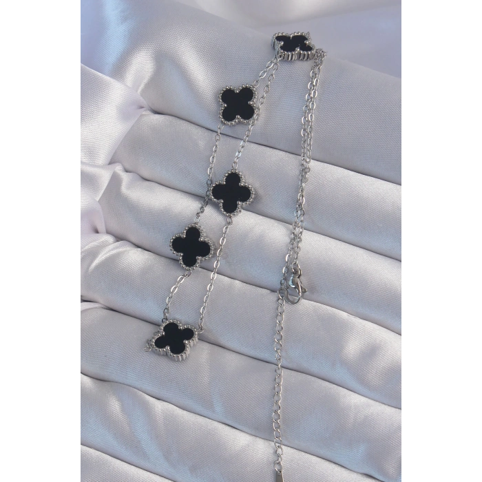 316L Çelik Gümüş Renk Siyah Mineli Yonca Kolye - TJ-BKO8997