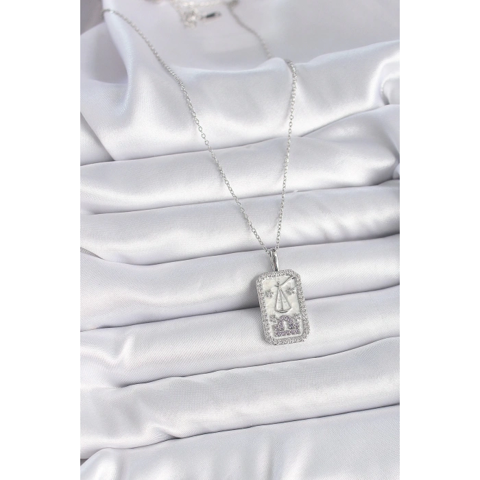 316L Çelik Gümüş Renk Terazi Burcu Zirkon Taşlı Kadın Kolye - TJ-BKO9454