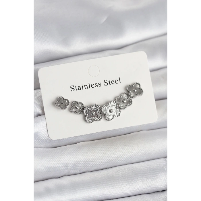 316L Çelik Gümüş Renk Yonca Küpe Seti - TJ-BKP11698