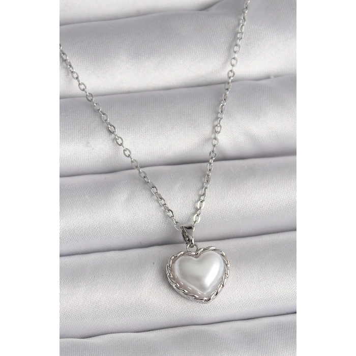 316L Çelik Gümüş Renk Zincir 3D İnci Kalp Model Kadın Kolye - TJ-BKO9712