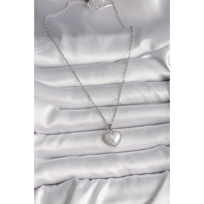 316L Çelik Gümüş Renk Zincir 3D İnci Kalp Model Kadın Kolye - TJ-BKO9712