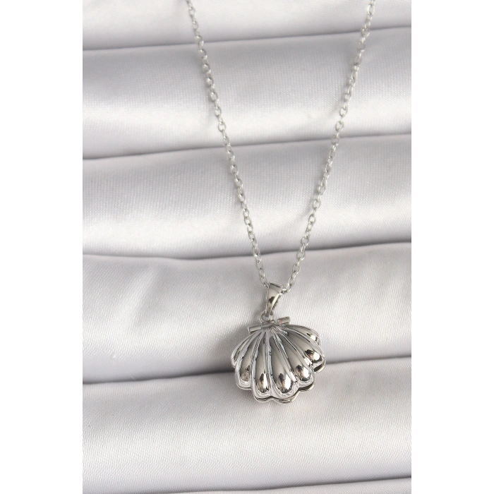 316L Çelik Gümüş Renk Zincir Açılır İncili Midye Model Kadın Kolye - TJ-BKO9995