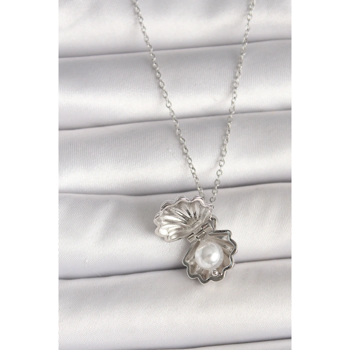 316L Çelik Gümüş Renk Zincir Açılır İncili Midye Model Kadın Kolye - TJ-BKO9995