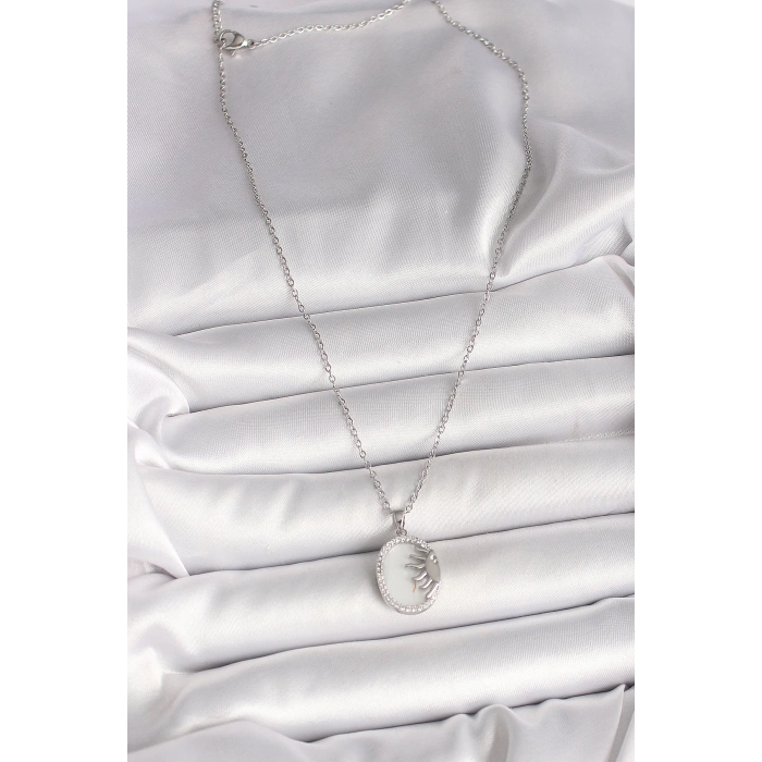316L Çelik Gümüş Renk Zincir Beyaz Mineli Gün Batımı Model Zirkon Taş Detaylı Kadın Kolye - TJ-BKO10003