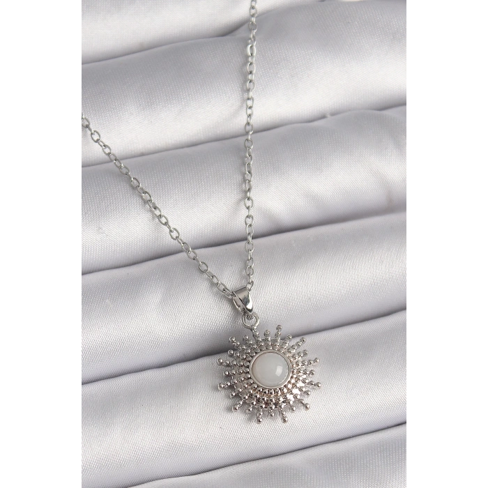 316L Çelik Gümüş Renk Zincir Beyaz Mineli Güneş Model Kadın Kolye - TJ-BKO9719