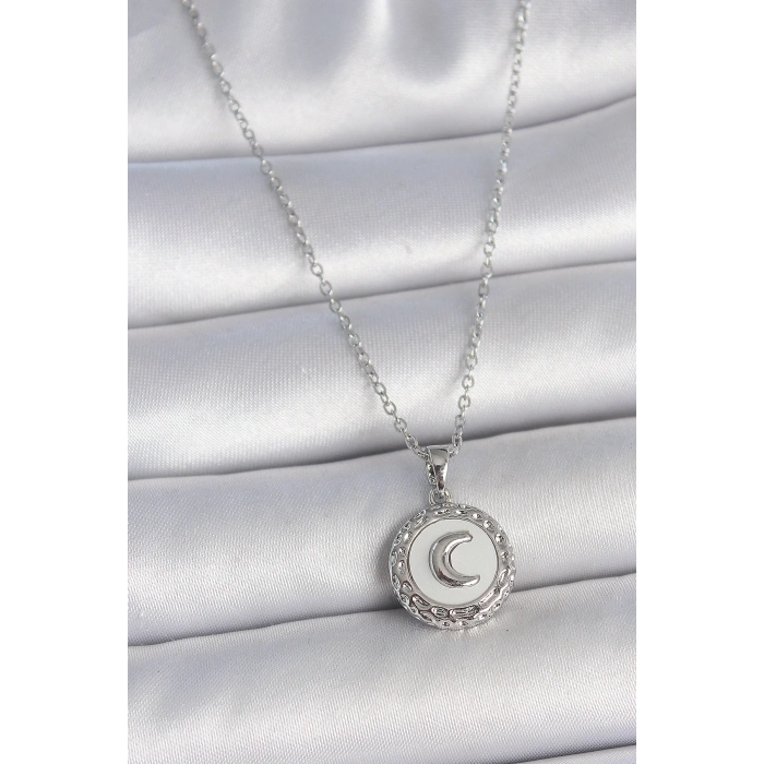 316L Çelik Gümüş Renk Zincir Beyaz Mineli Hilal İşlemeli Madalyon Model Kadın Kolye - TJ-BKO10034