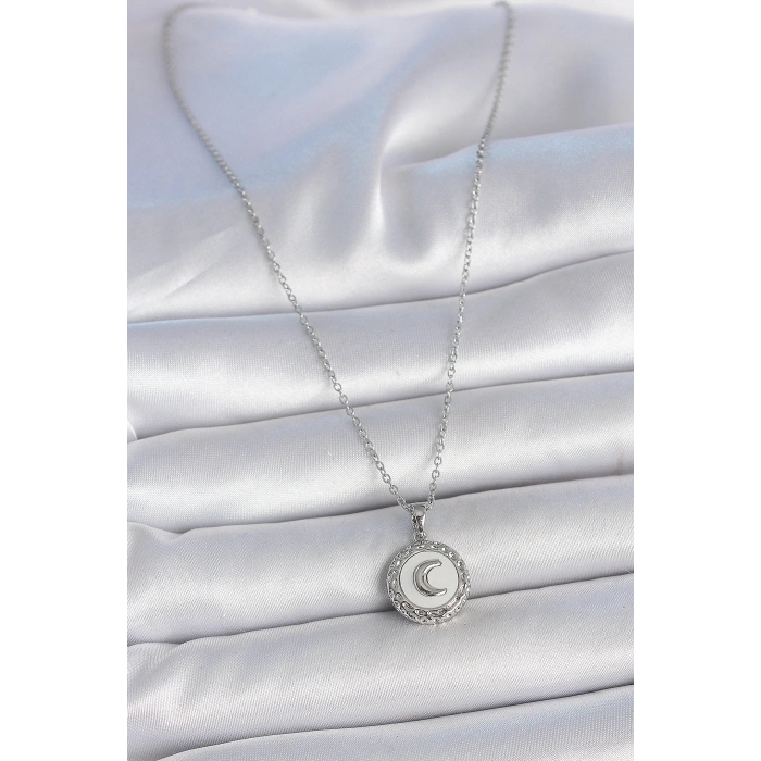 316L Çelik Gümüş Renk Zincir Beyaz Mineli Hilal İşlemeli Madalyon Model Kadın Kolye - TJ-BKO10034
