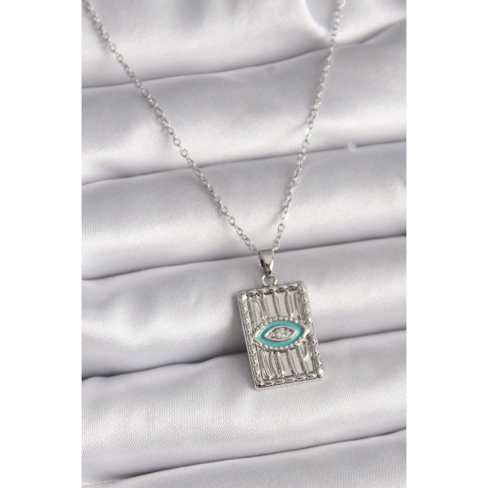 316L Çelik Gümüş Renk Zincir Göz İşlemeli Madalyon Model Kadın Kolye - TJ-BKO9508