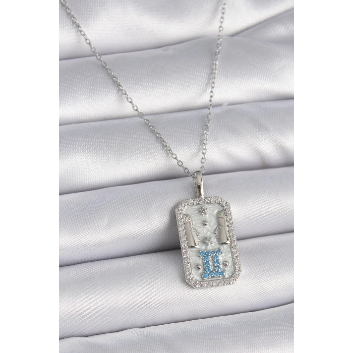 316L Çelik Gümüş Renk Zincir İkizler Burcu Zirkon Taşlı Kadın Kolye - TJ-BKO9446