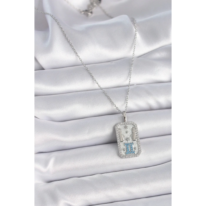 316L Çelik Gümüş Renk Zincir İkizler Burcu Zirkon Taşlı Kadın Kolye - TJ-BKO9446