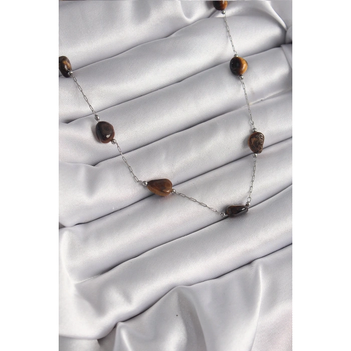 316L Çelik Gümüş Renk Zincir Kahverengi Doğaltaş Model Kadın Kolye - TJ-BKO9662