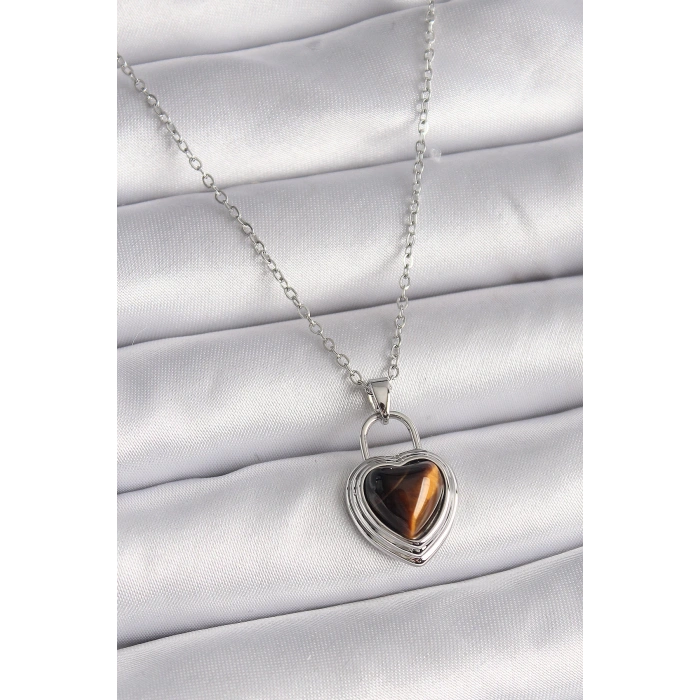 316L Çelik Gümüş Renk Zincir Kilit Kalp Kehribar Boncuk Model Kadın Kolye - TJ-BKO9495