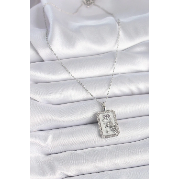 316L Çelik Gümüş Renk Zincir Koç Burcu Zirkon Taşlı Kadın Kolye - TJ-BKO9452