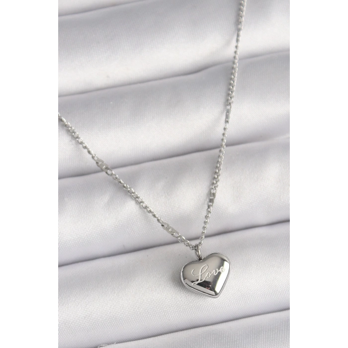 316L Çelik Gümüş Renk Zincir Love İşleme Kalp Figür Kadın Kolye - TJ-BKO9779