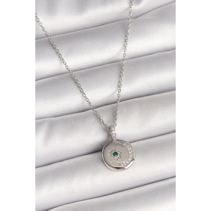 316L Çelik Gümüş Renk Zincir Madalyon Zirkon Taşlı İşlemeli Hilal Yıldız Model Kadın Kolye - TJ-BKO9953