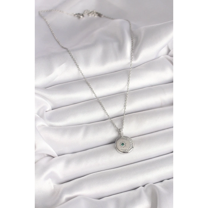 316L Çelik Gümüş Renk Zincir Madalyon Zirkon Taşlı İşlemeli Hilal Yıldız Model Kadın Kolye - TJ-BKO9953