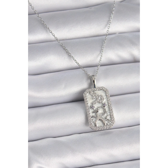 316L Çelik Gümüş Renk Zincir Oğlak Burcu Zirkon Taşlı Kadın Kolye - TJ-BKO9449