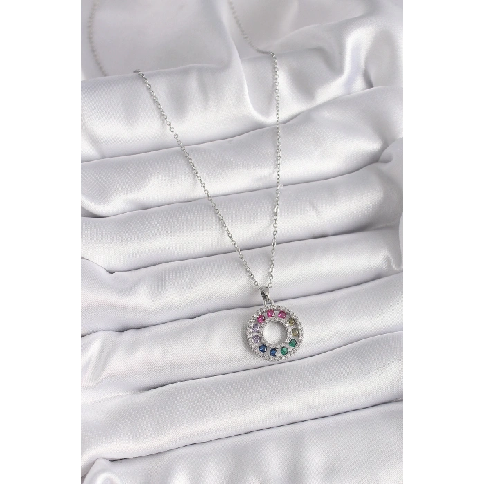 316L Çelik Gümüş Renk Zincir Renkli Zirkon Taşlı Madalyon Model Kadın Kolye - TJ-BKO9489