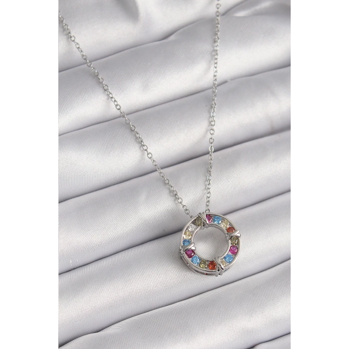 316L Çelik Gümüş Renk Zincir Renkli Zirkon Taşlı Xoxo Model Kadın Kolye - TJ-BKO9629