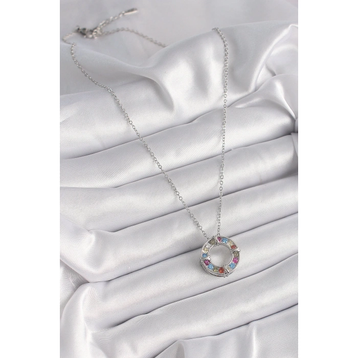 316L Çelik Gümüş Renk Zincir Renkli Zirkon Taşlı Xoxo Model Kadın Kolye - TJ-BKO9629