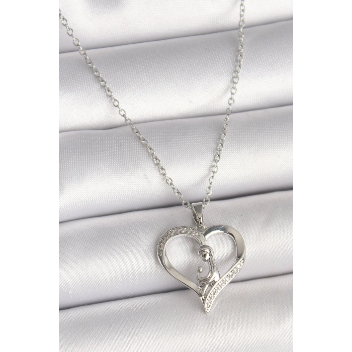 316L Çelik Gümüş Renk Zincir Zirkon Taş Detaylı Kalp Model Kadın Kolye - TJ-BKO9854