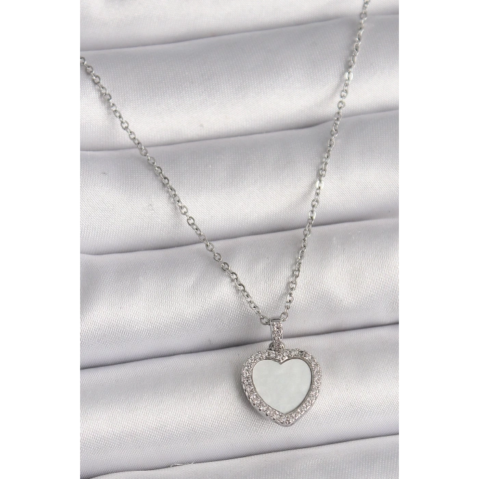 316L Çelik Gümüş Renk Zincir Zirkon Taşlı Beyaz Mineli Kalp Model Kadın Kolye - TJ-BKO9781