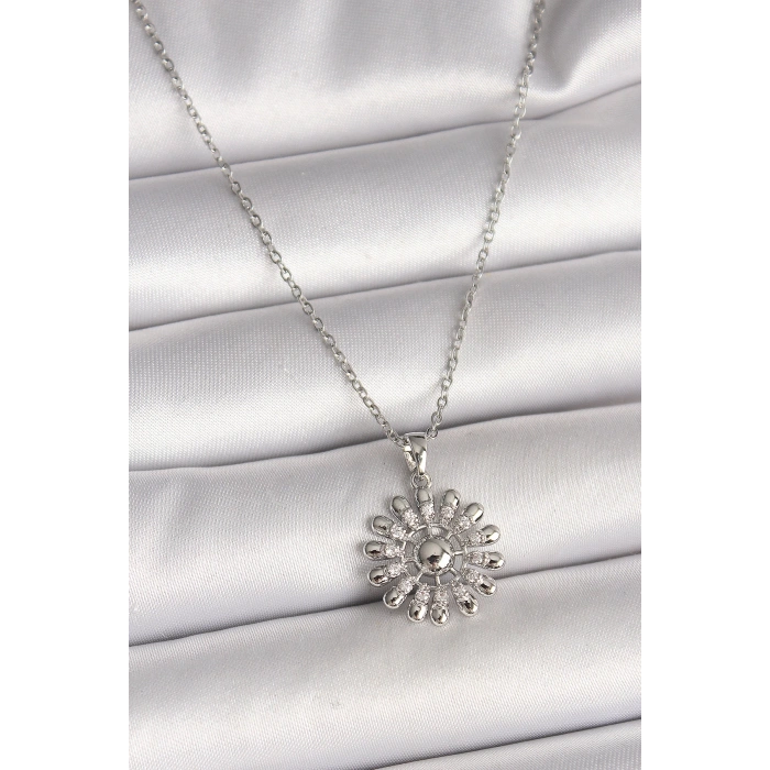 316L Çelik Gümüş Renk Zincir Zirkon Taşlı Güneş Model Kadın Kolye - TJ-BKO9967