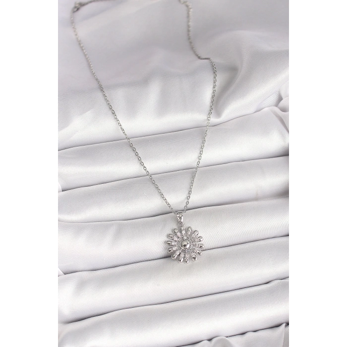 316L Çelik Gümüş Renk Zincir Zirkon Taşlı Güneş Model Kadın Kolye - TJ-BKO9967