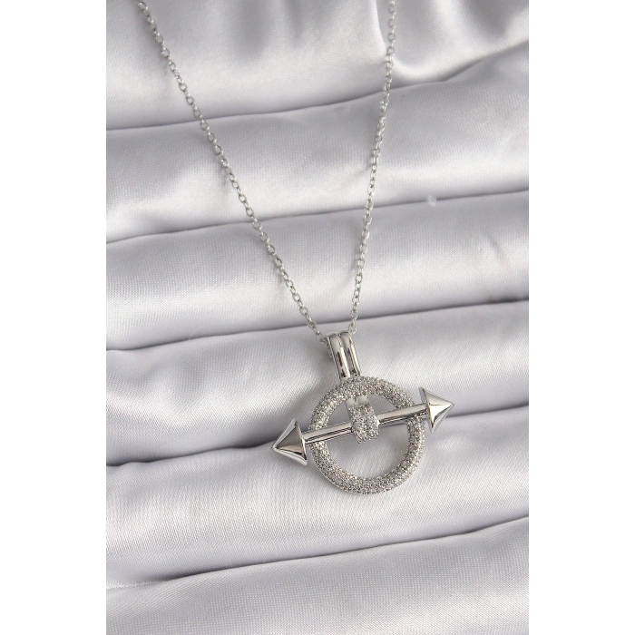 316L Çelik Gümüş Renk Zincir Zirkon Taşlı Halka Model Kadın Kolye - TJ-BKO9506