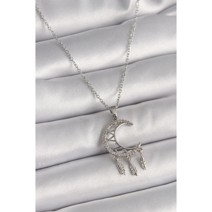 316L Çelik Gümüş Renk Zincir Zirkon Taşlı Hilal Model Sallantı Yaprak Detay Kadın Kolye - TJ-BKO9651