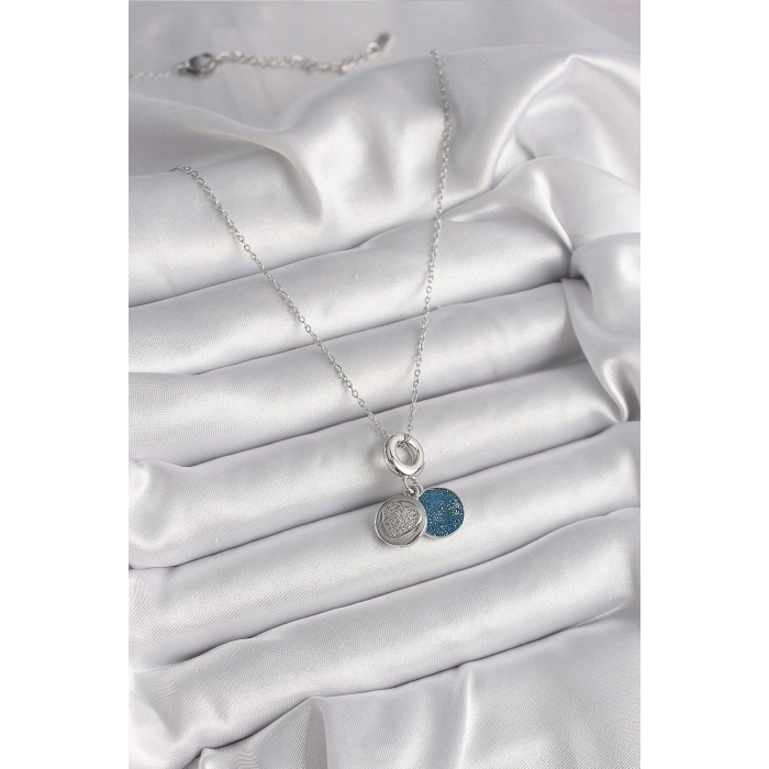 316L Çelik Gümüş Renk Zincir Zirkon Taşlı İşleme Mavi Simli Kadın Kolye - TJ-BKO9641