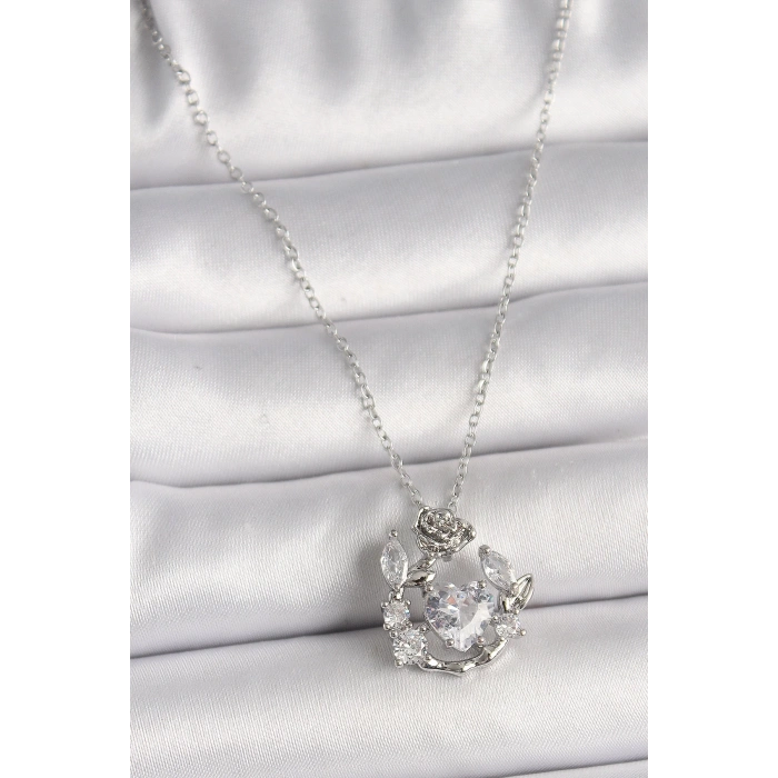 316L Çelik Gümüş Renk Zincir Zirkon Taşlı Kalp Figür Gül Detay Kadın Kolye - TJ-BKO9809