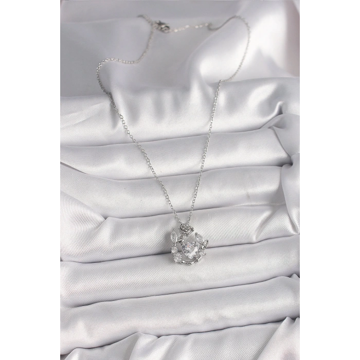 316L Çelik Gümüş Renk Zincir Zirkon Taşlı Kalp Figür Gül Detay Kadın Kolye - TJ-BKO9809