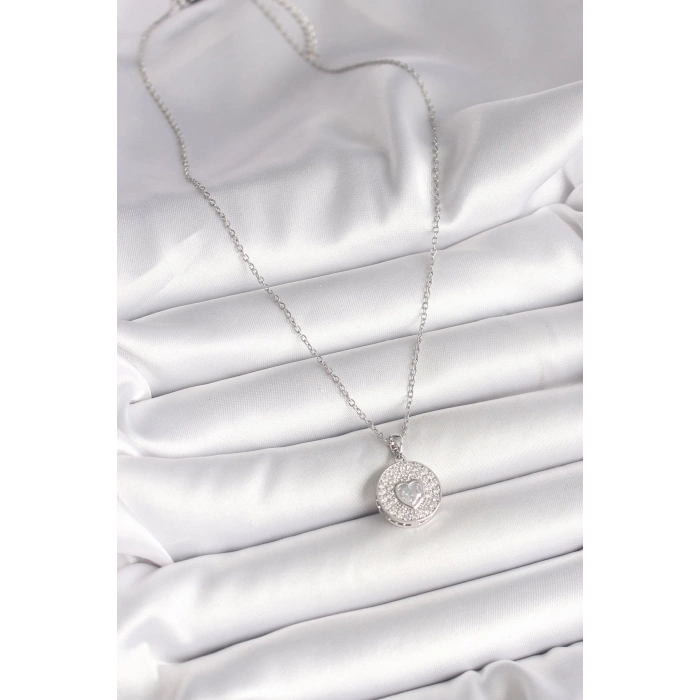 316L Çelik Gümüş Renk Zincir Zirkon Taşlı Kalp İşlemeli Madalyon Model Kadın Kolye - TJ-BKO9947