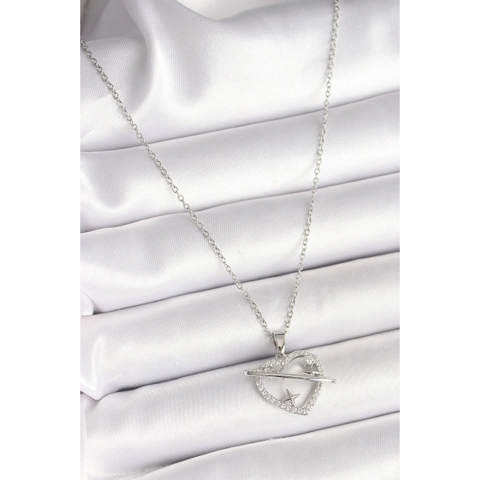 316L Çelik Gümüş Renk Zincir Zirkon Taşlı Kalp Model Yıldız Detay Kadın Kolye - TJ-BKO9860
