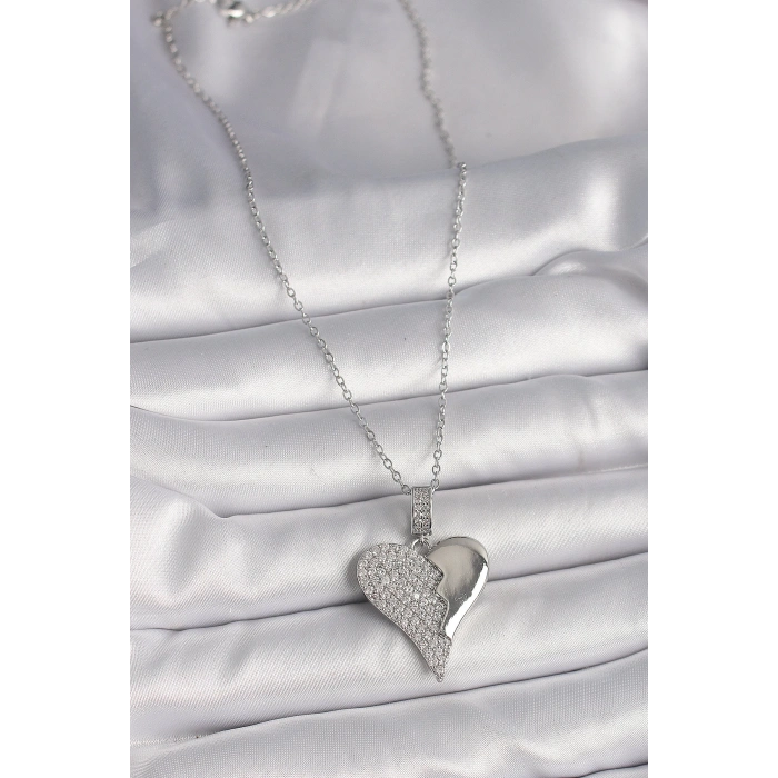 316L Çelik Gümüş Renk Zincir Zirkon Taşlı Kırık Kalp Model Kadın Kolye - TJ-BKO9756
