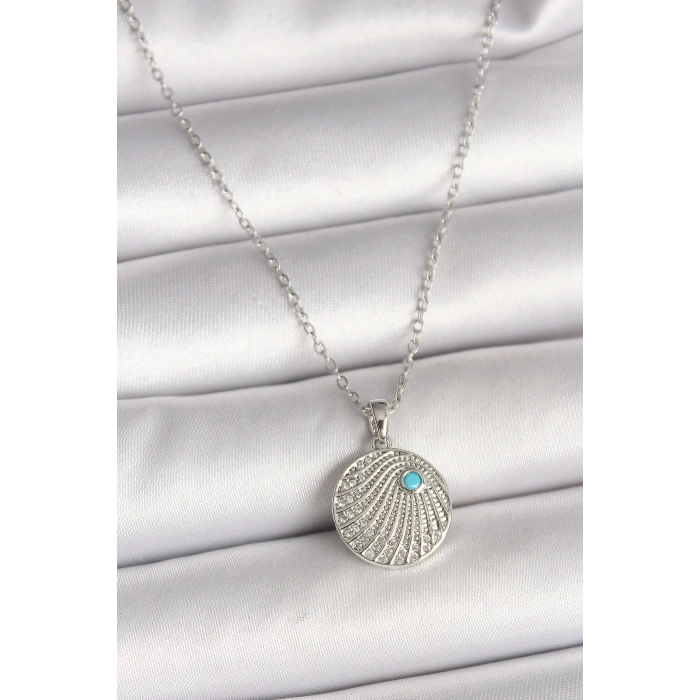 316L Çelik Gümüş Renk Zincir Zirkon Taşlı Mavi Taş Detaylı Madalyon Model Kadın Kolye - TJ-BKO9965