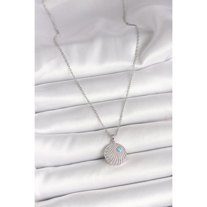 316L Çelik Gümüş Renk Zincir Zirkon Taşlı Mavi Taş Detaylı Madalyon Model Kadın Kolye - TJ-BKO9965