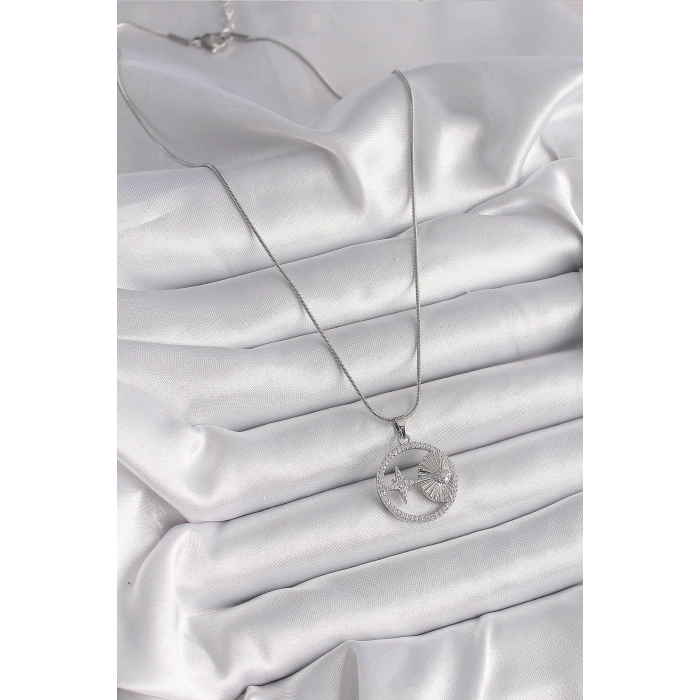 316L Çelik Gümüş Renk Zincir Zirkon Taşlı Yıldız Madalyon Model Kadın Kolye - TJ-BKO9637